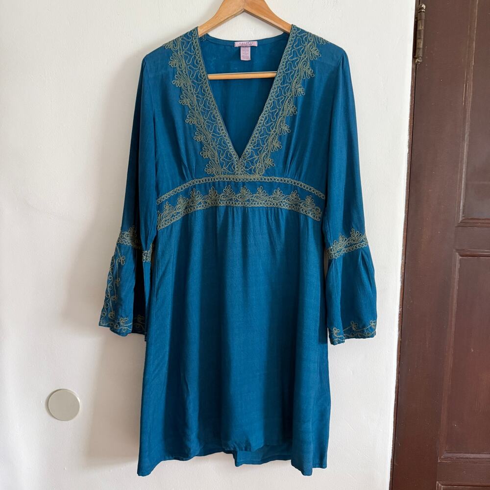 CALYPSO Christiane Celle Vanesska Blue Boho Embroidered Bell Sleeve Dress Small